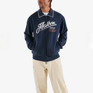 Malbon Golf Maxwell Logo Zip Up Navy Cotton Sweatshirt Small NEW Collared Jacket